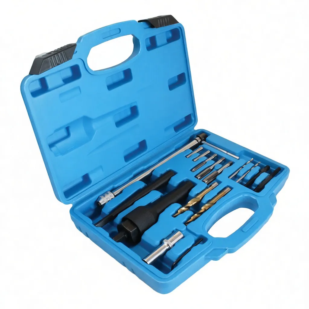 Angled shot of open blue case with glow plug rethreading kit: T-handle, black adapters, gold drills and silver taps arranged in molded tray