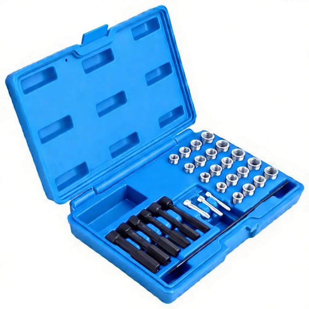 Close-up of re-threading kit showing black taps, drivers, knurled knob, guide rod and many silver threaded inserts