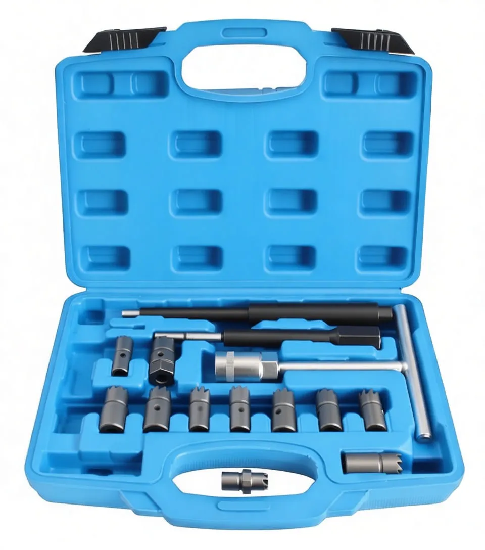 Individual glow plug seat cleaning tools laid out: T-handle, drivers, hex key, adapter and multiple crown-shaped cutting sockets
