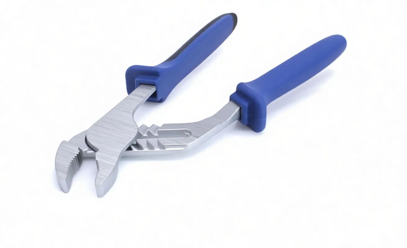 Angled front view of groove-joint pliers showing open serrated jaws, pivot and blue-black cushioned handles