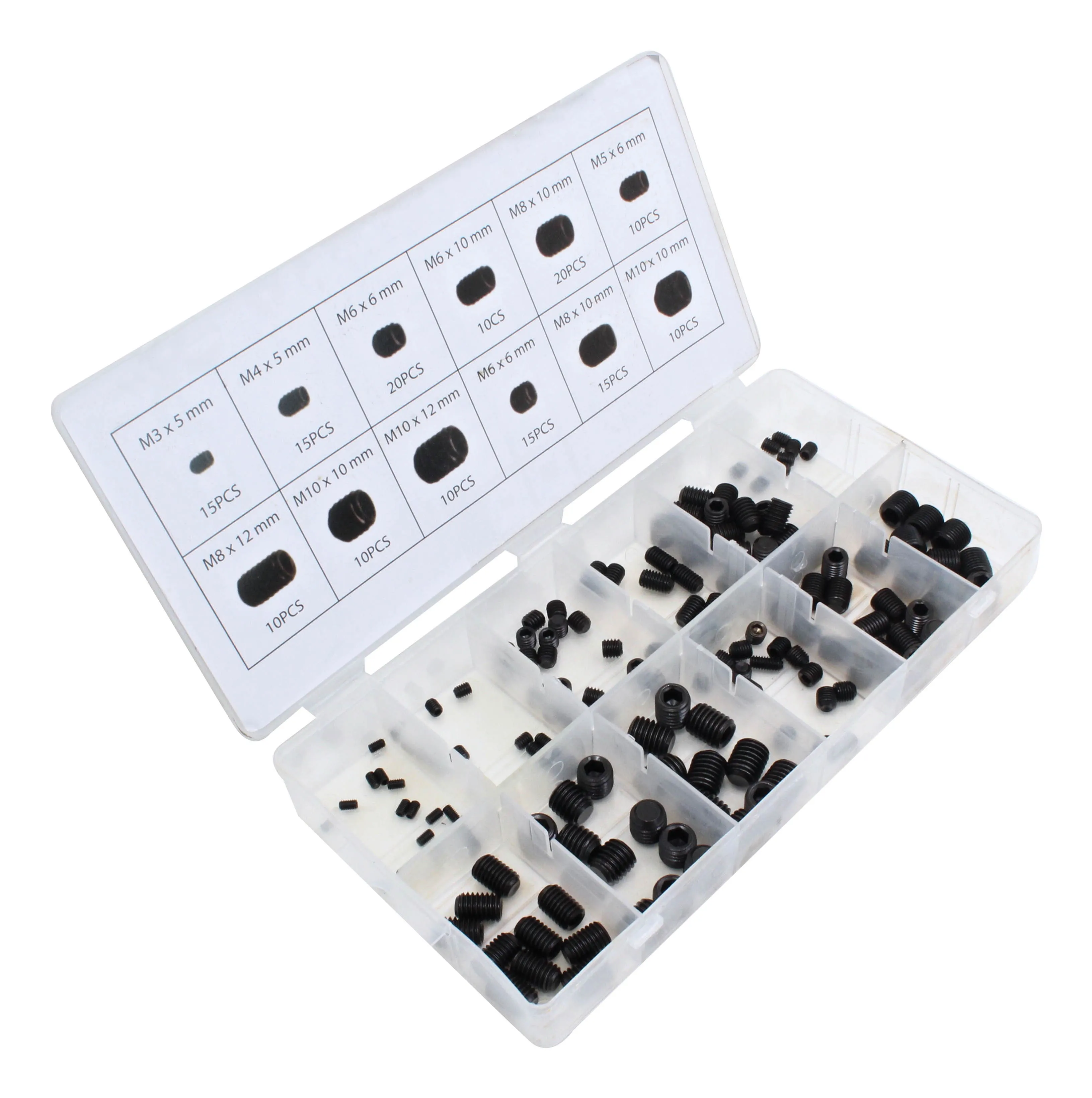 Angled open view of clear organizer with assorted black headless grub screws in separate compartments and a size/count chart printed on the lid