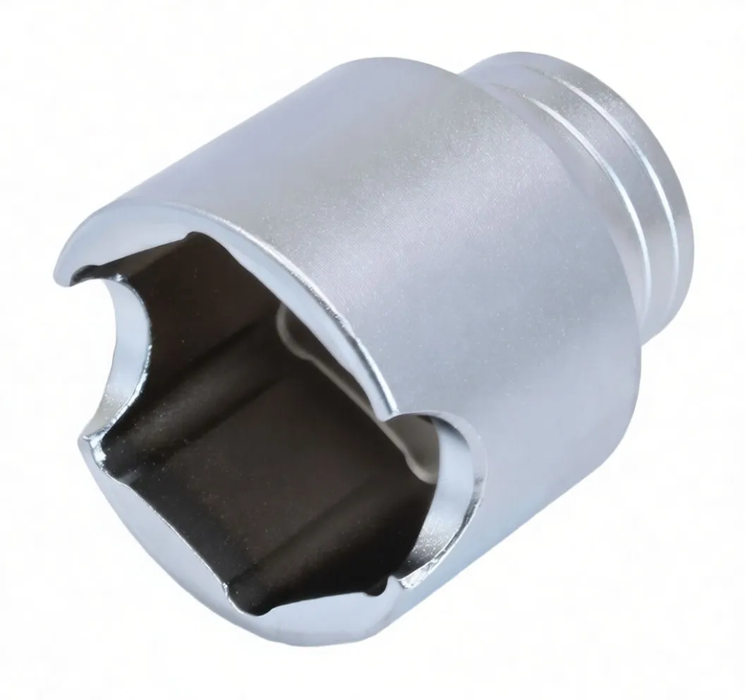 Angled shot of chrome diesel filter socket showing side notches, internal lobed profile and ASTA marking.