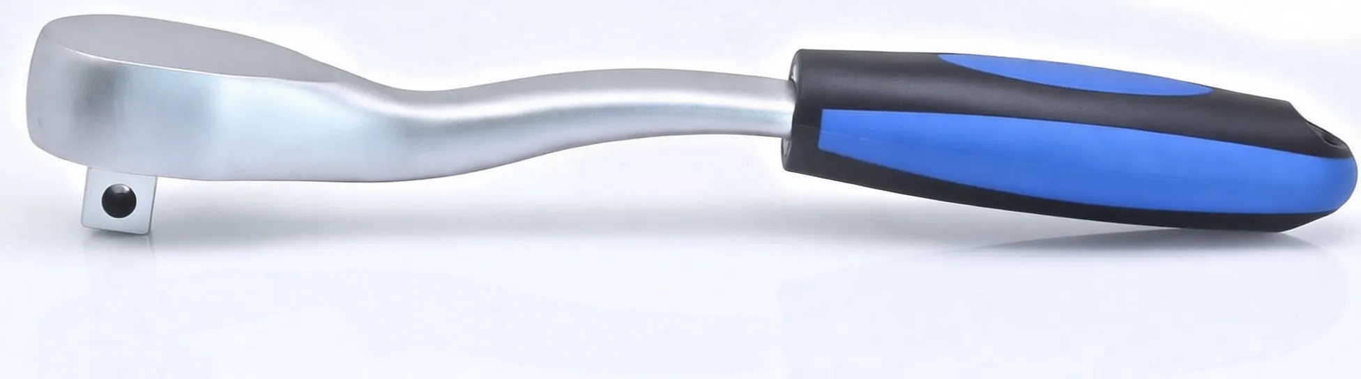 Side profile of curved ratchet showing bent shaft, square drive with detent and blue-black soft-grip handle