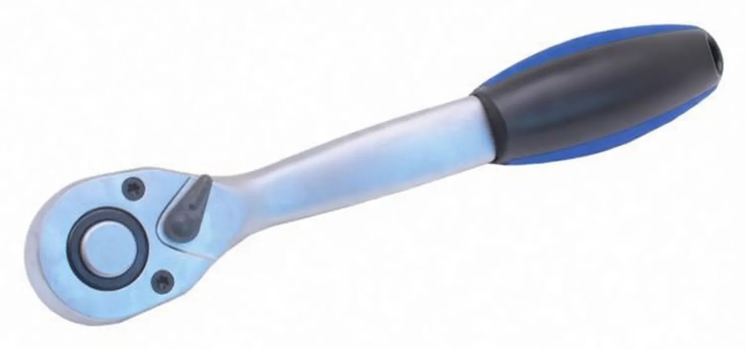 Top view of curved 1/2 inch ratchet showing reversible lever, stamped model number and ASTA logo on handle