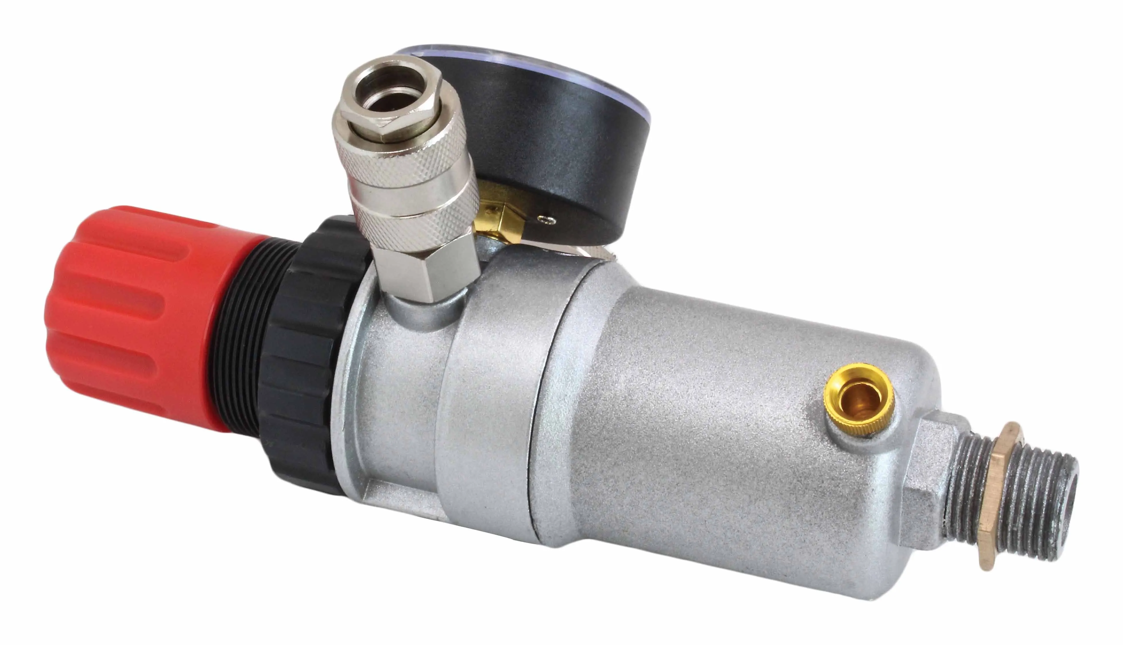 Side view of 1/2" air filter/regulator with silver body, threaded outlet, brass side port, black gauge housing and red adjustment knob