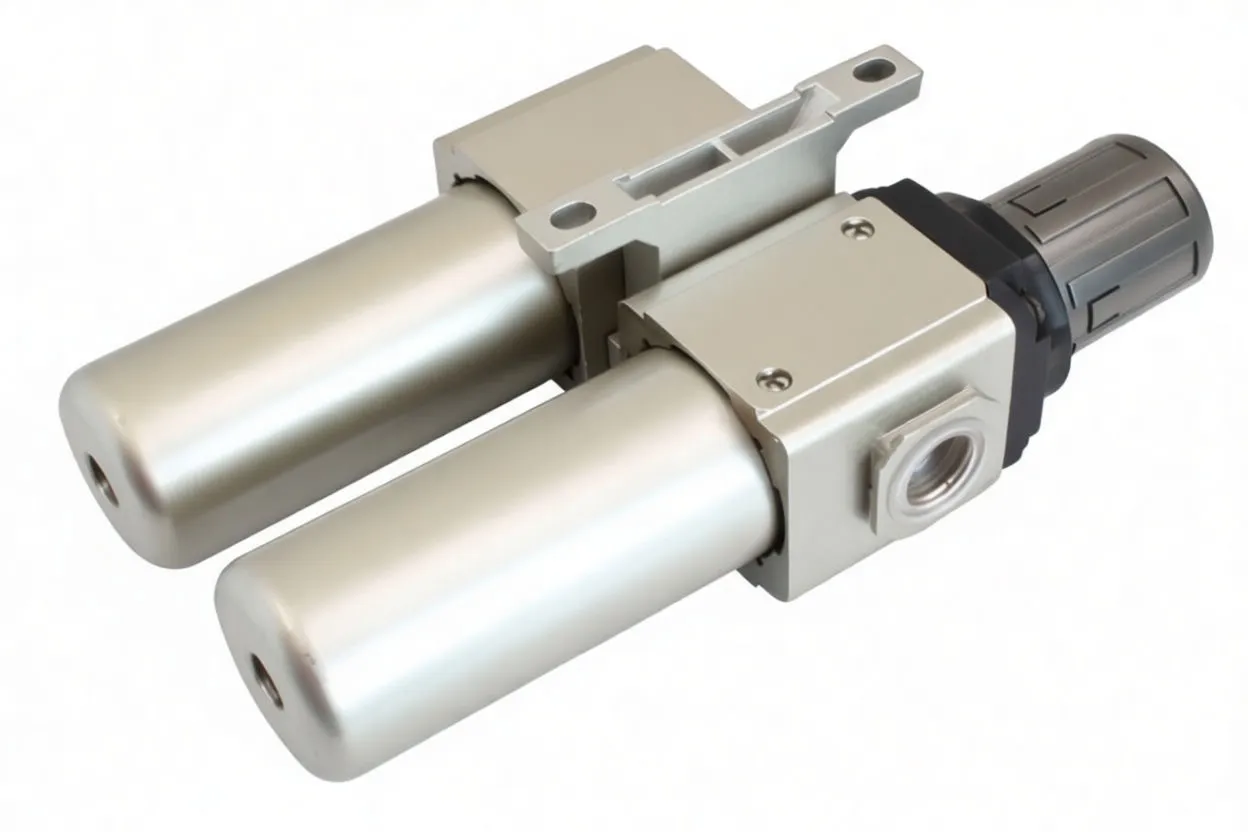 Angled side view of ASTA filter-regulator-lubricator assembly showing bowls, sight windows, side port and black adjustment knob