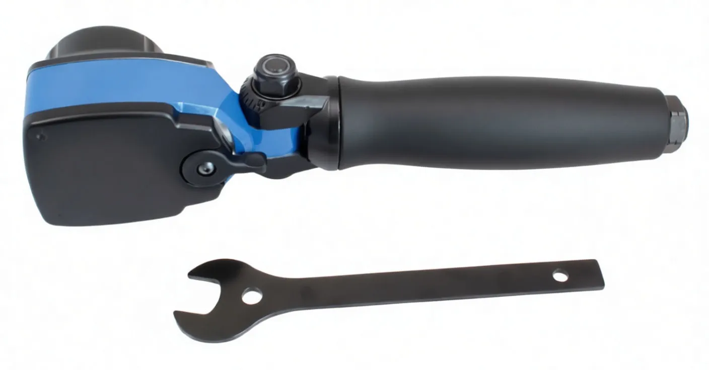 Top view of blue/black angle impact wrench showing ASIA marking on gearbox and spanner wrench