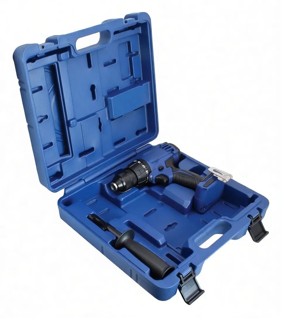 Angled case view showing drill with torque ring, side handle and belt clip inside molded blue case