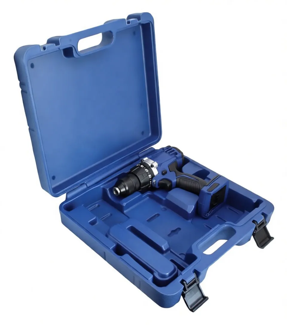 Close-up of assembled blue cordless drill with battery and mounted side handle showing torque ring and ASTA logo