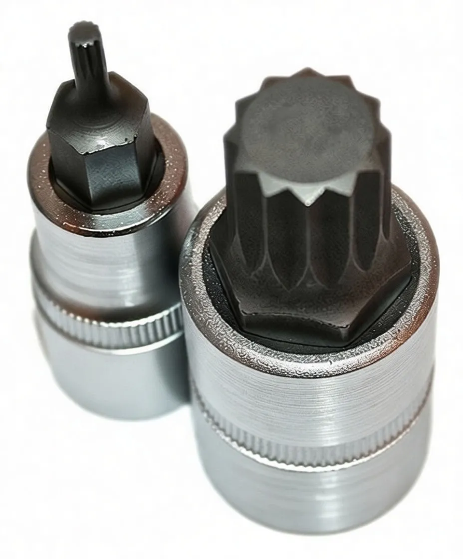 Close-up of two 1/2 inch drive spline/star bit sockets showing multi-lobed bits and knurled chrome socket bodies