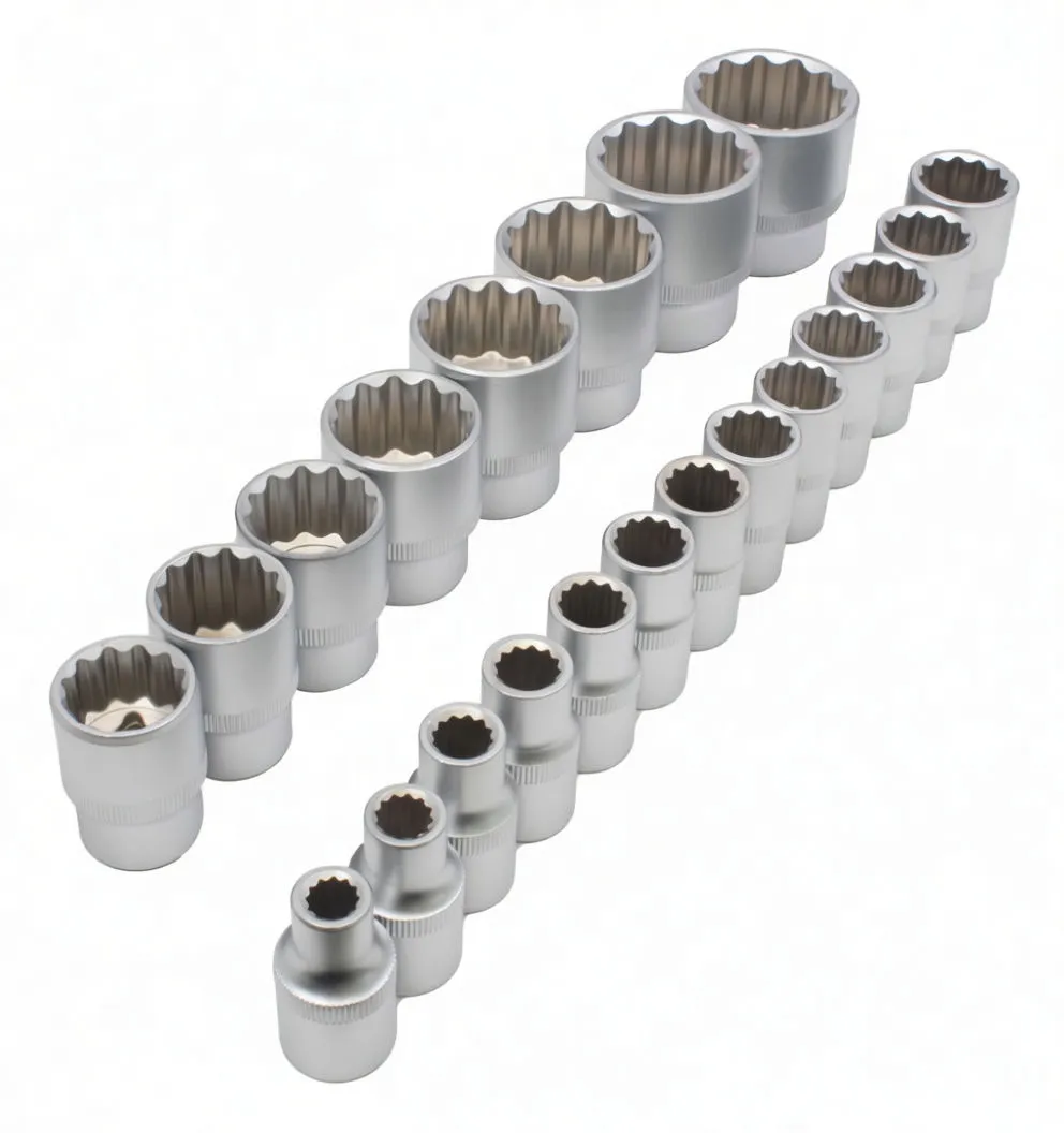 Close-up of 21 chrome 12‑point sockets arranged on a white background, showing stamped size marks and knurled bands.