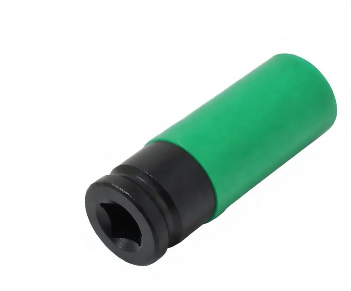 Socket showing square 1/2-inch drive recess, detent hole and printed 'PMS21' marking on black steel band with green sleeve.