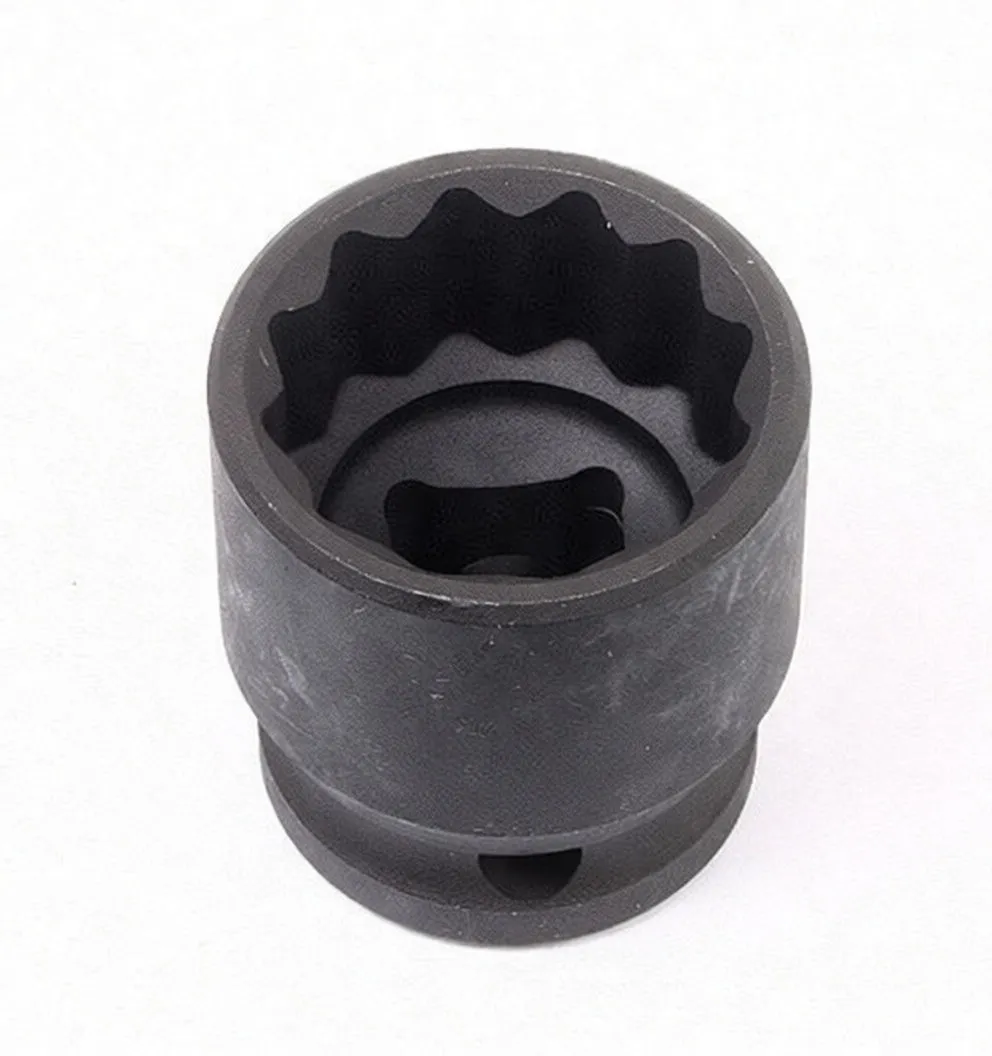 Top view into a 12-point 24 mm impact socket showing square drive recess and 'ASTA CR-MO 24mm' marking