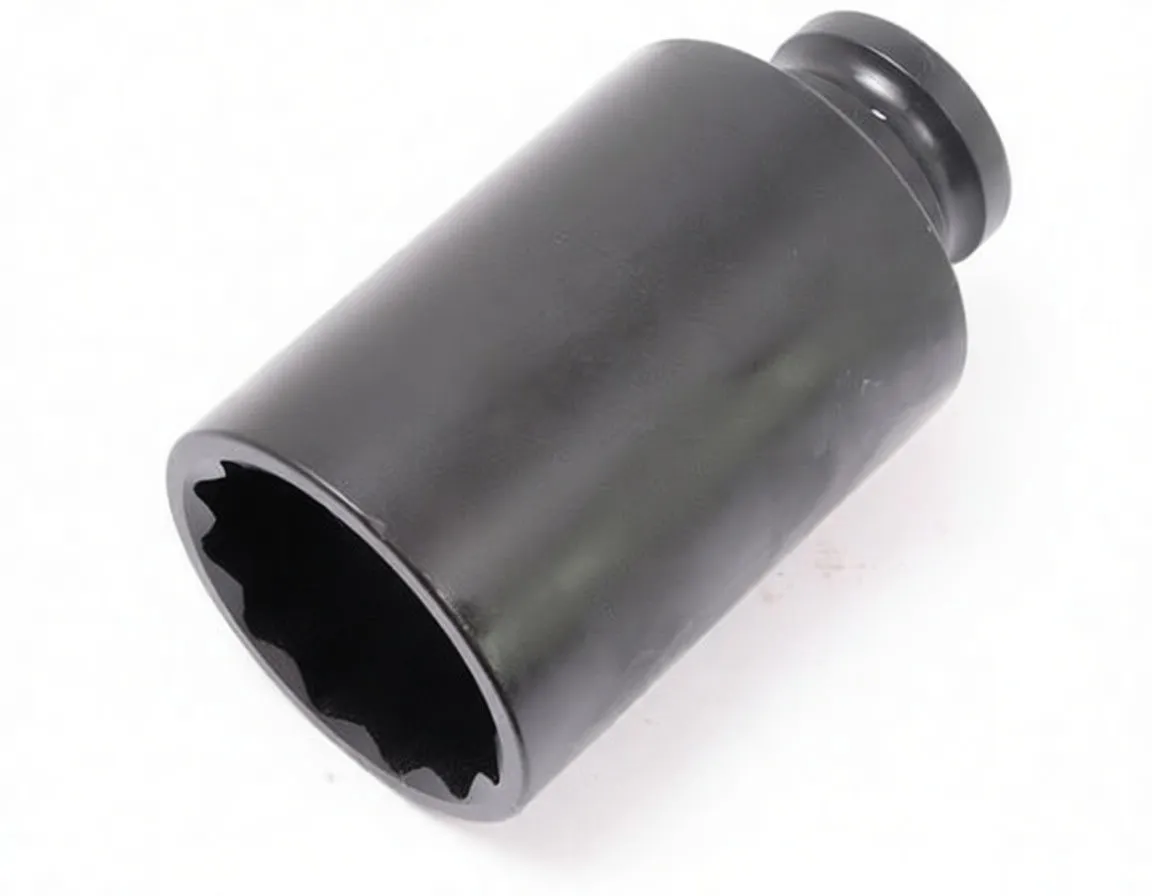 Side view of black deep 12-point socket showing 1/2" drive shank with detent hole