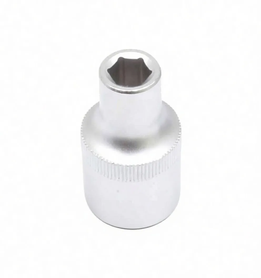 Top view of chrome hand socket showing square drive recess, 6-point hex opening, knurled band and embossed brand