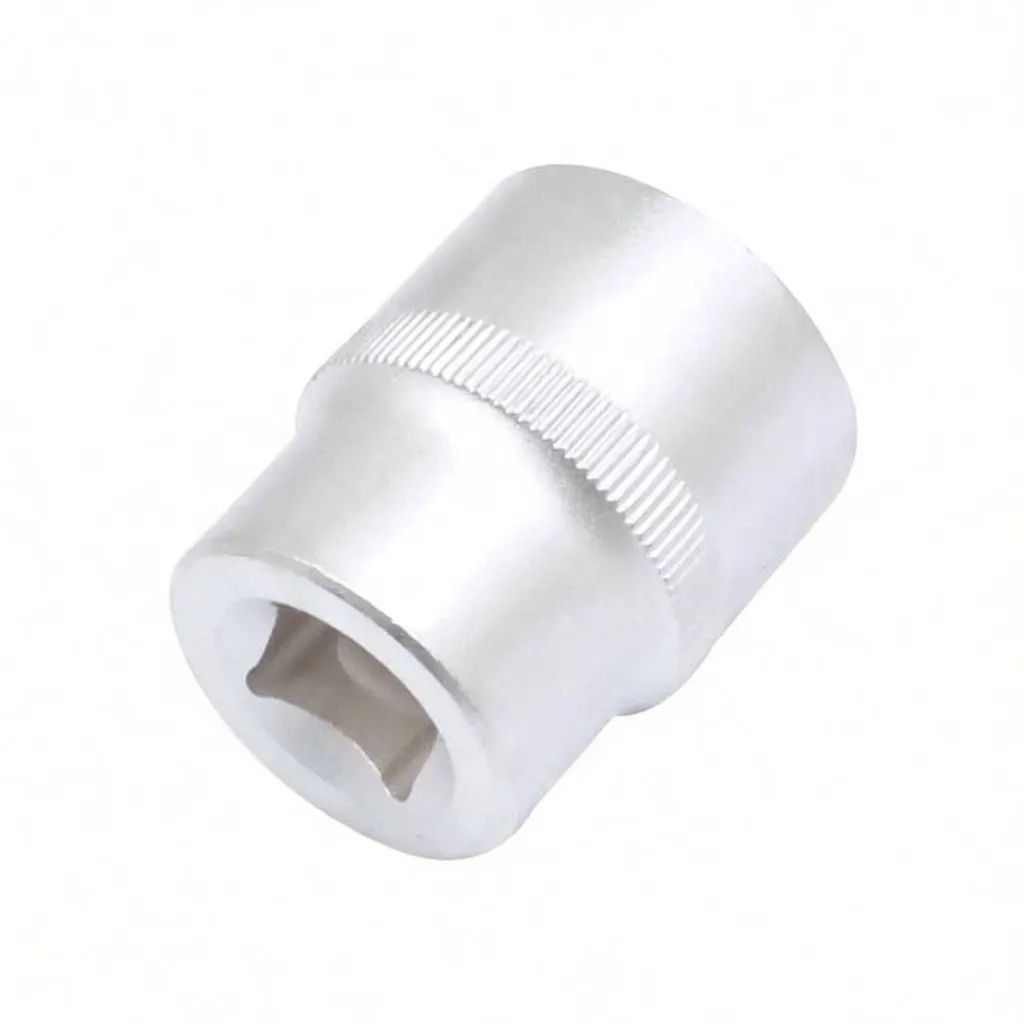 Side-angle view of chrome 6-point socket with knurled grip and embossed brand marking