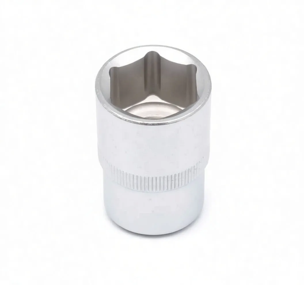 Top view of chrome socket showing clear 6-point internal profile and knurled middle band