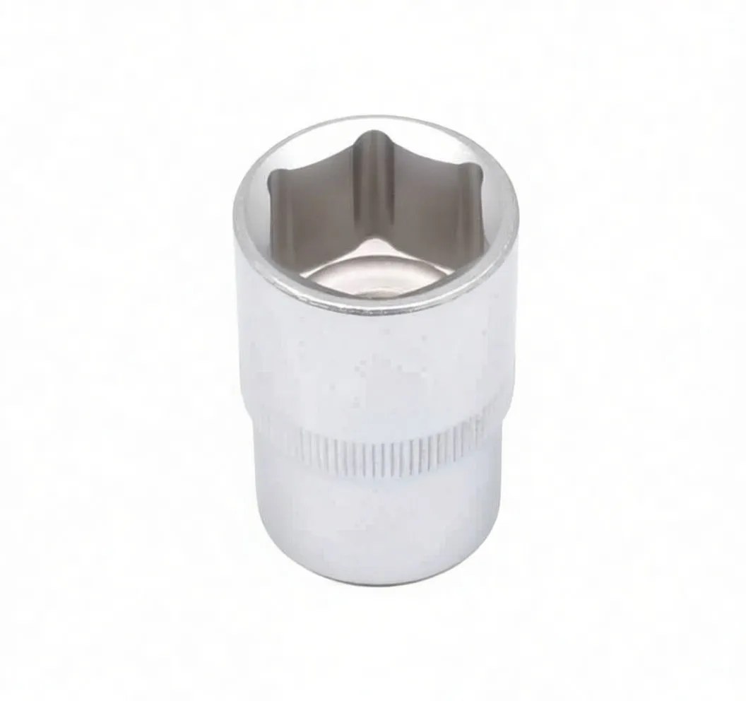 Top view into a silver 6-point socket showing internal hex profile and knurled band