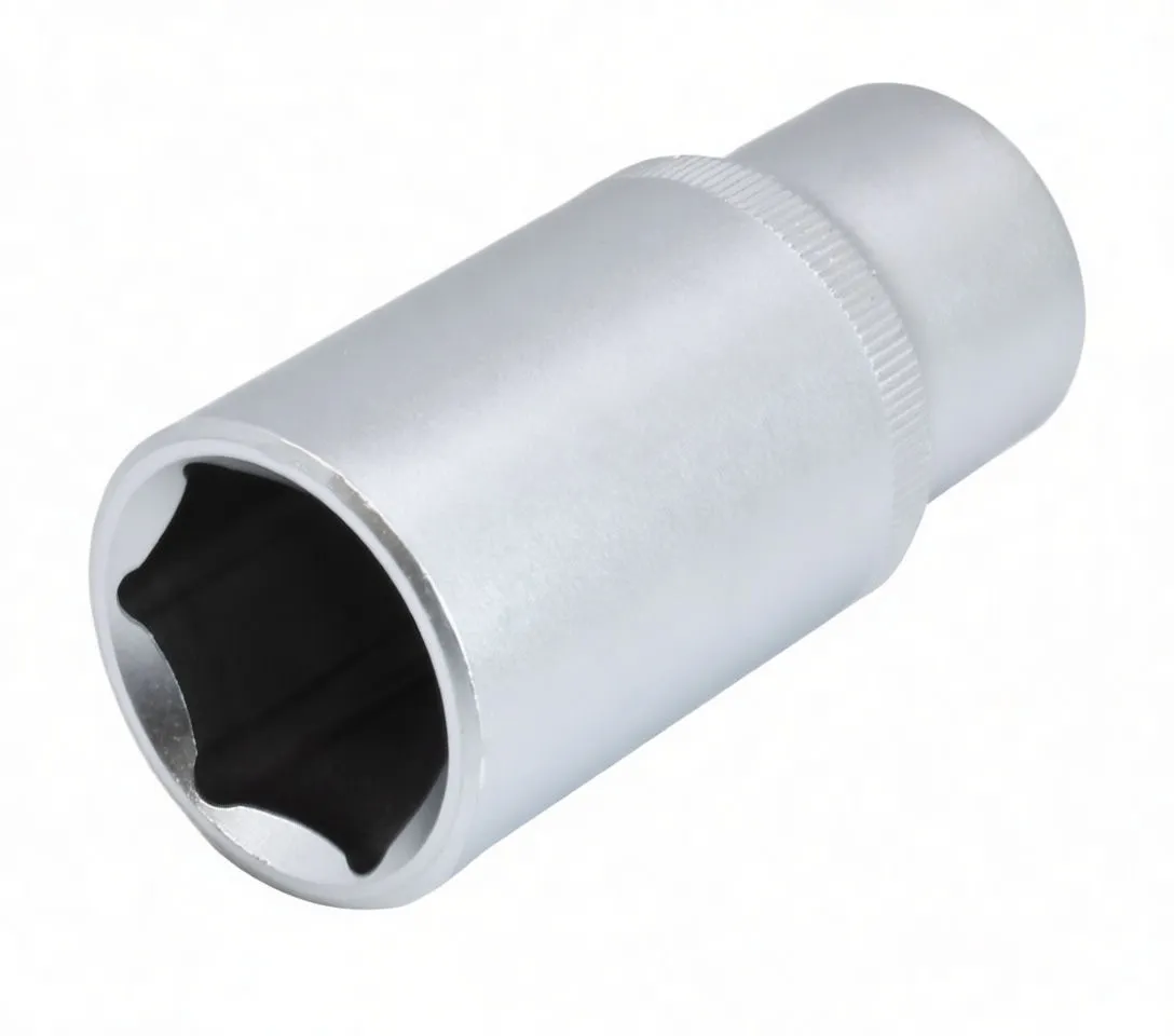 Angled close-up of a long socket showing the 1/2-inch square drive recess, size marking, and knurled collar