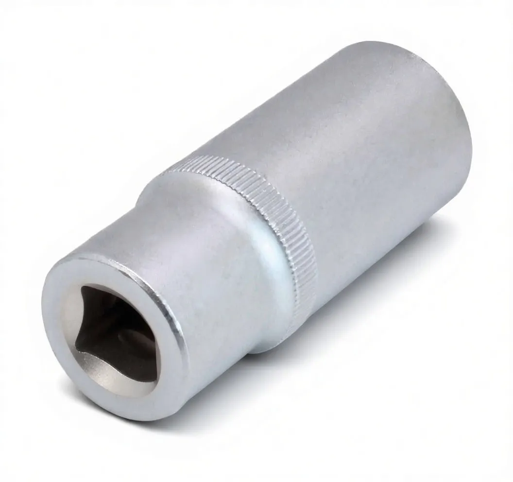 Angled side view of silver 23mm long 6-point socket with stamped size