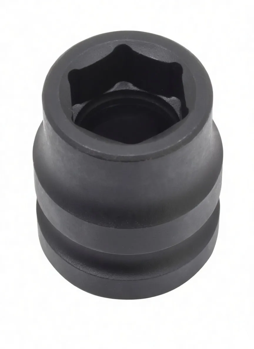 Top view into 6-point hex of short black ASTA impact socket with visible branding and side retention hole