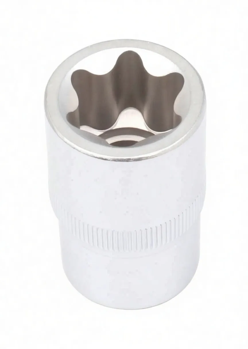 Top view into 6-point socket showing internal six-lobed profile and outer knurled band