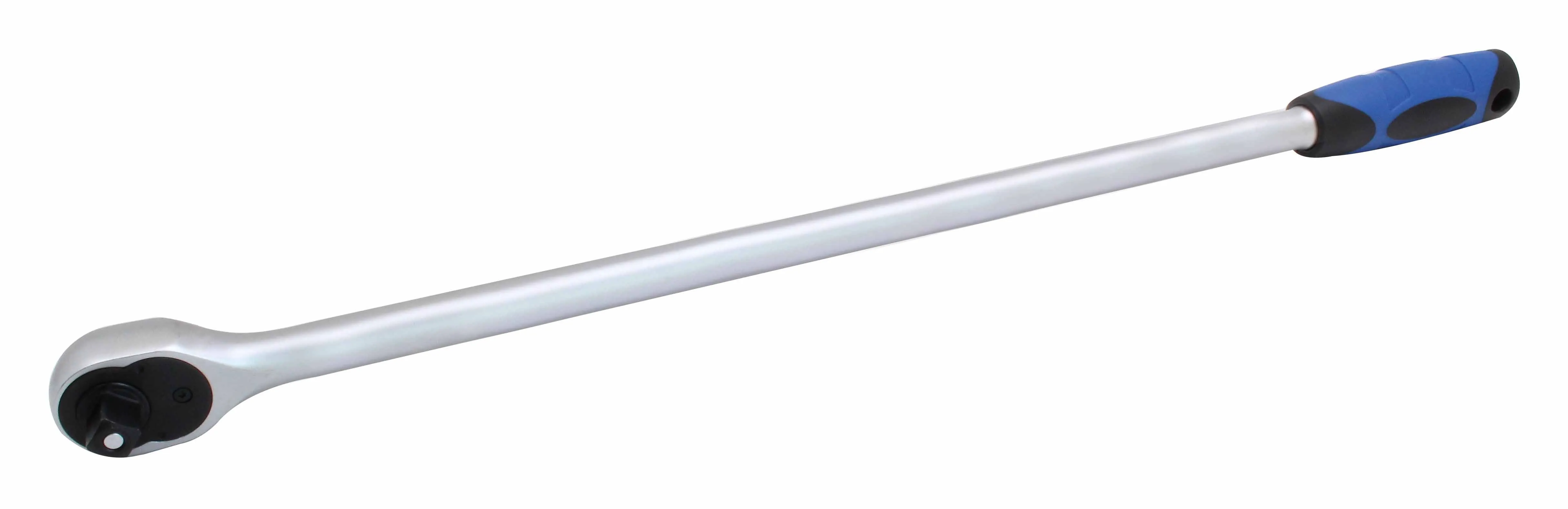 Angled view of a long 1/2-inch drive ratchet handle showing chrome shaft, blue-black rubber grip, rounded ratchet head and square drive.