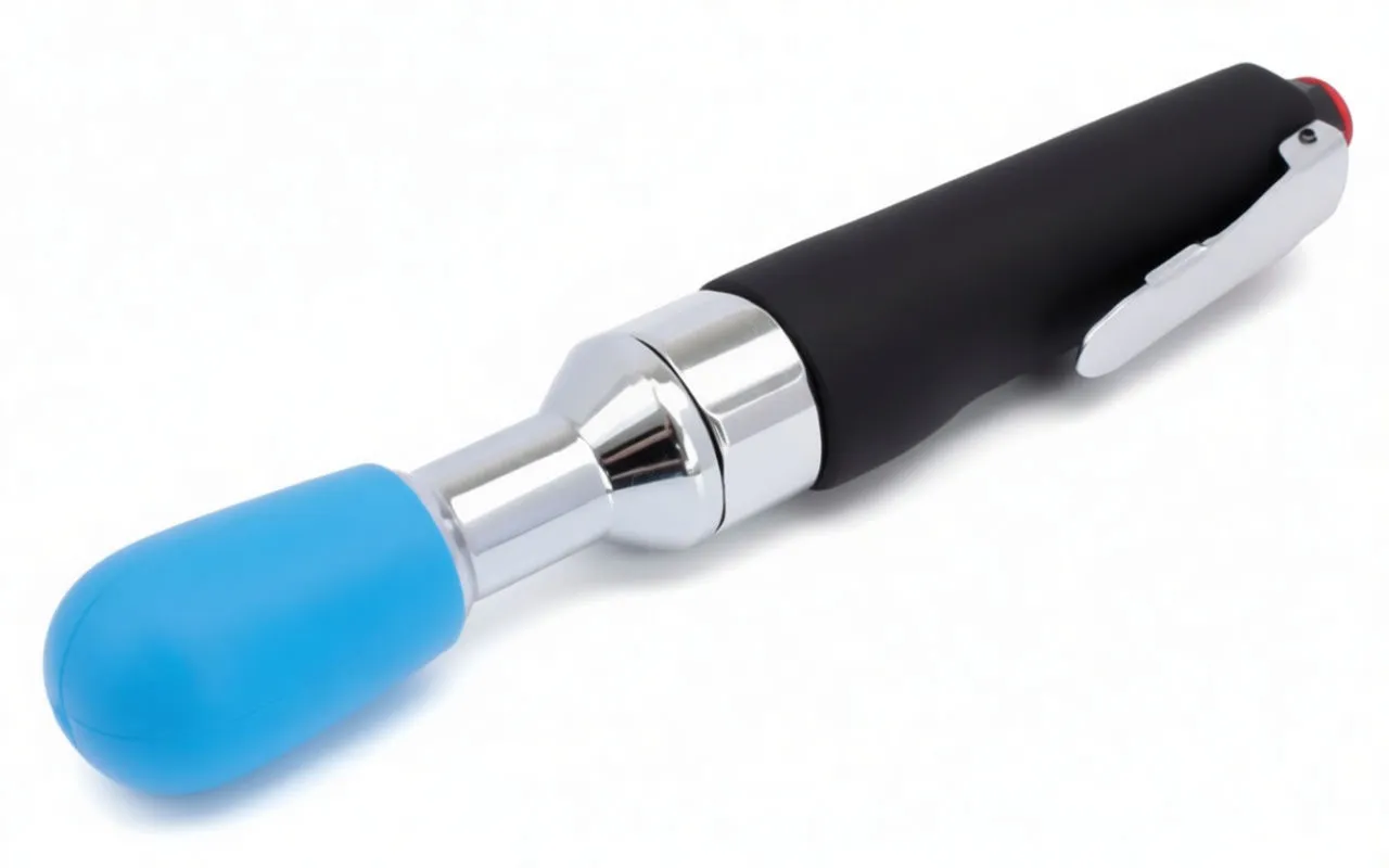 Front-angled close-up of air ratchet head showing blue housing, square drive, and handle behind it.