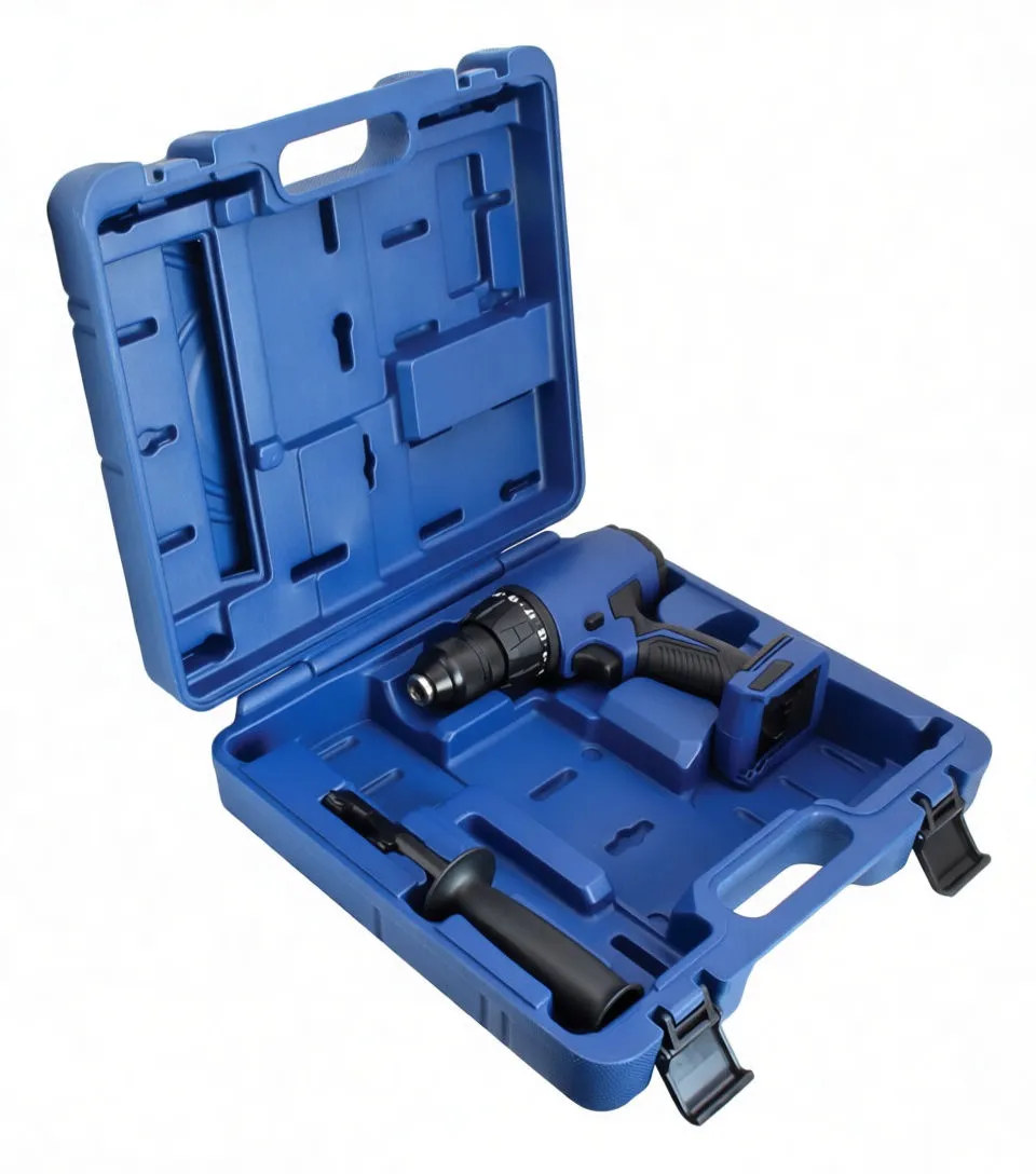 Cordless drill and detached auxiliary handle on white background, showing keyless chuck and empty battery slot