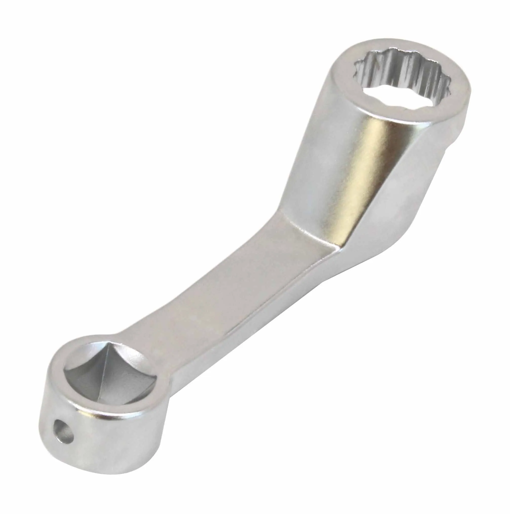Raised box-end and square drive recess of chrome camber adjusting wrench, side view
