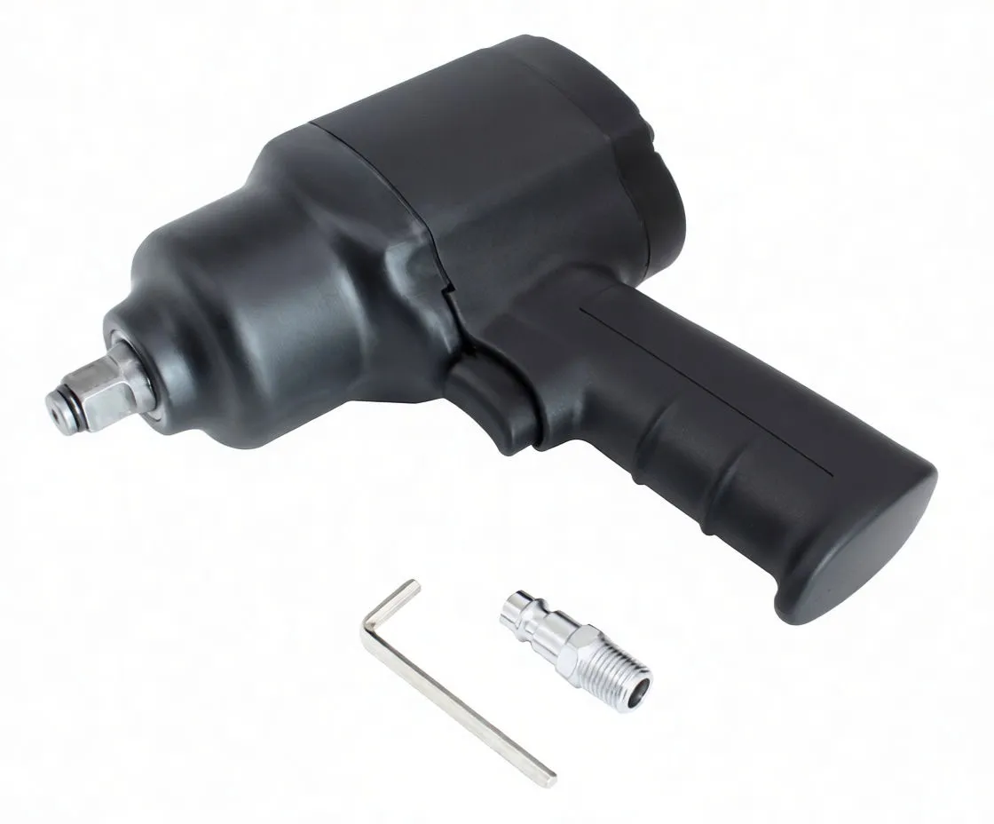 Impact wrench with quick-connect fitting and hex key laid out beneath it