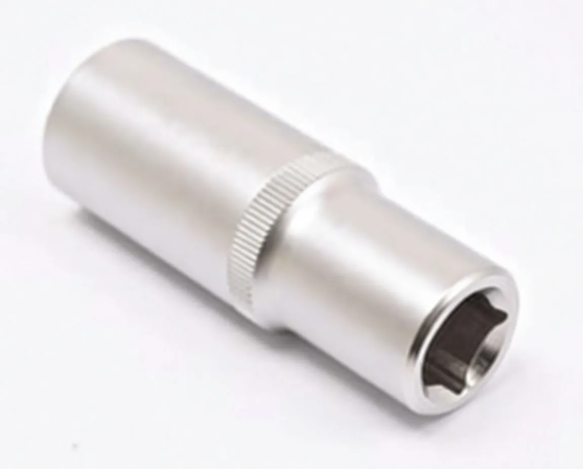 Close view of socket drive end with square 1/2" recess, knurled band and side markings