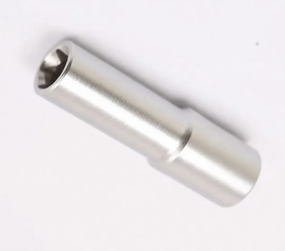 Side view of chrome E-type short socket showing stamped size marking, knurled ring and square drive recess