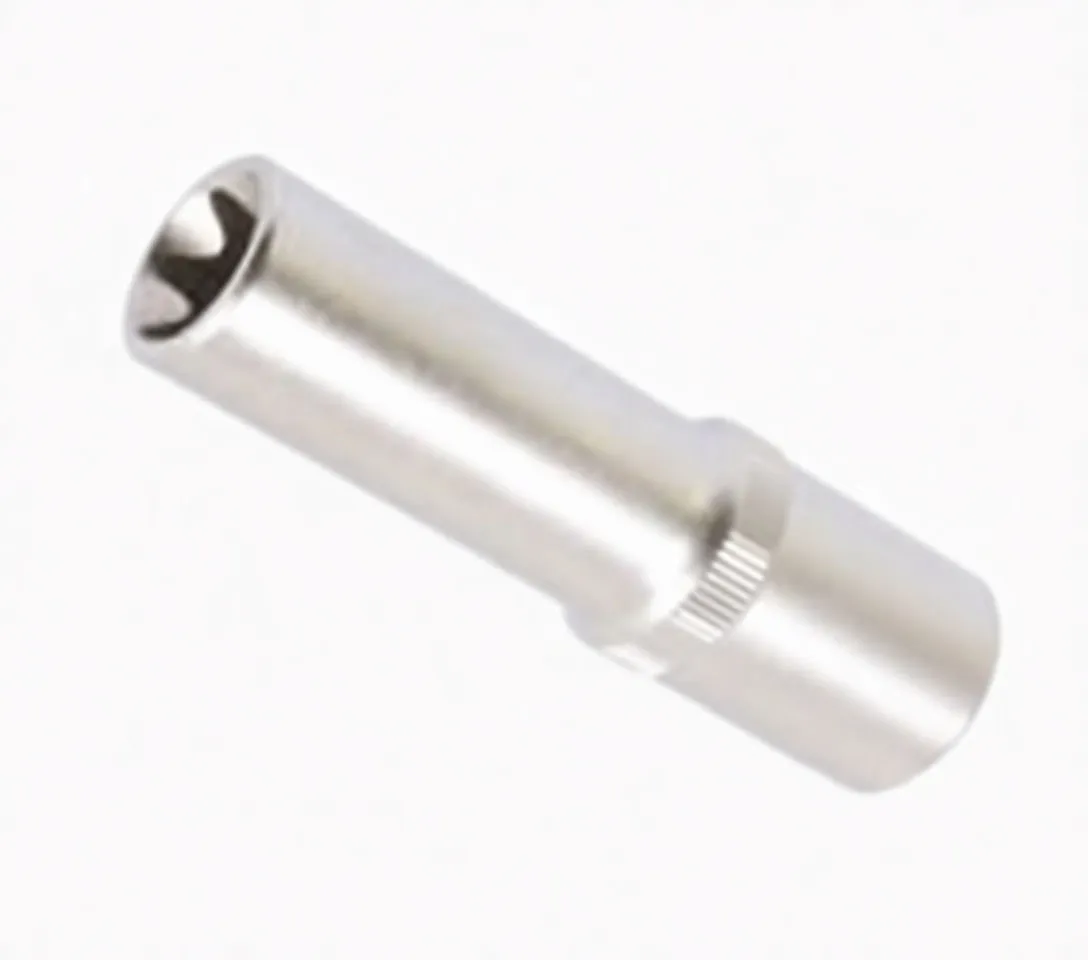 Angled top-down image of a chrome E-type 1/2in drive short socket showing internal lobed profile and side marking