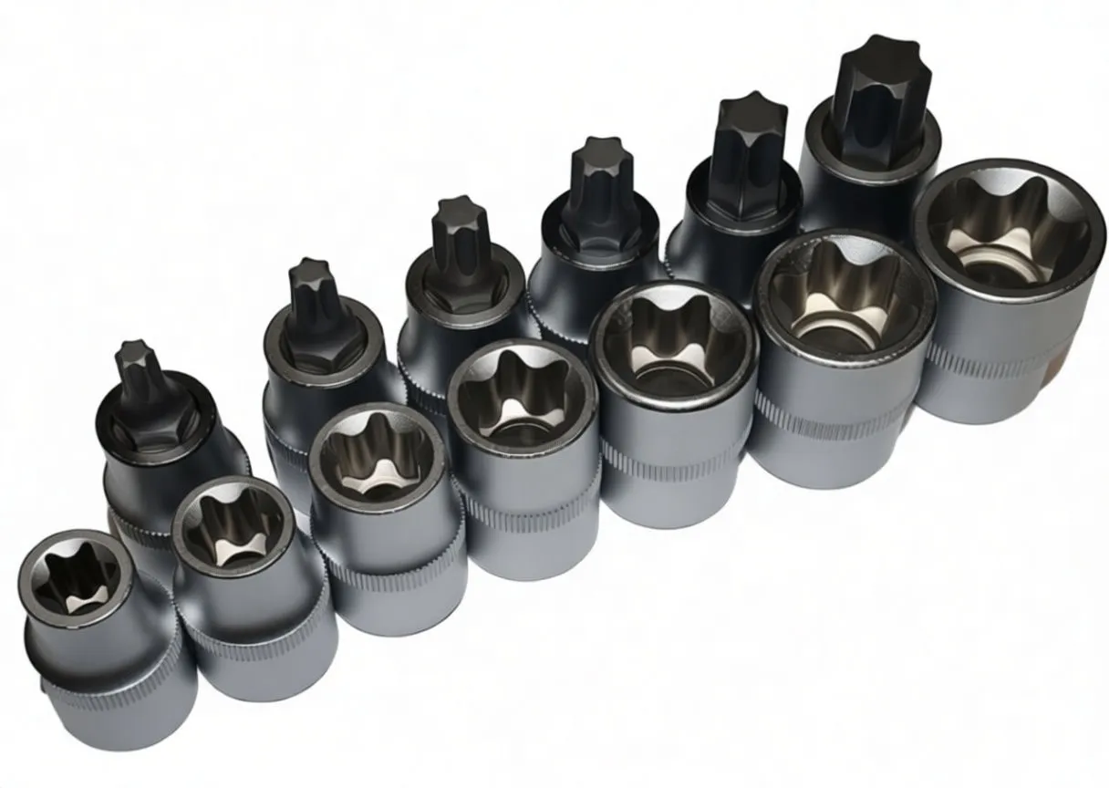 Multiple Torx E-type sockets with bits inserted, showing star-shaped internal profiles and stamped sizes