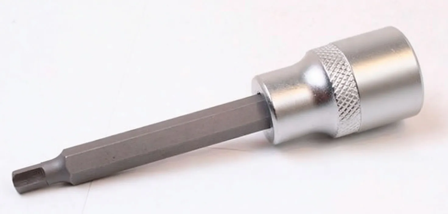 Studio shot of a 1/2" drive hex bit socket showing chrome knurled socket and long dark hexagonal bit with engraved markings on the barrel.