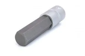 Side view of long hexagon bit set into a chrome socket with knurled ring on white background