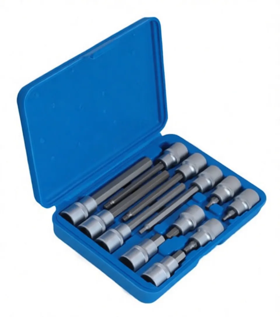 Angled view of open blue case with 12 chrome hex bit sockets of varying lengths; knurled bodies and stamped markings visible.