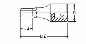 Dimensional line drawing of Torx impact socket showing Torx tip, shank, socket cross-section and dimensions labeled D, D1, D2