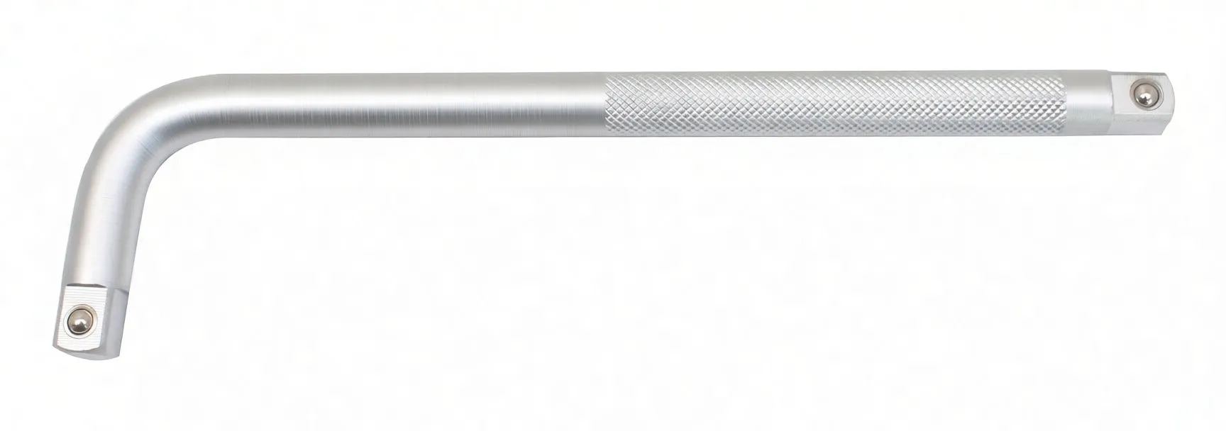 Diagonal view of silver L-handle showing bend, knurled grip and square drive with detent