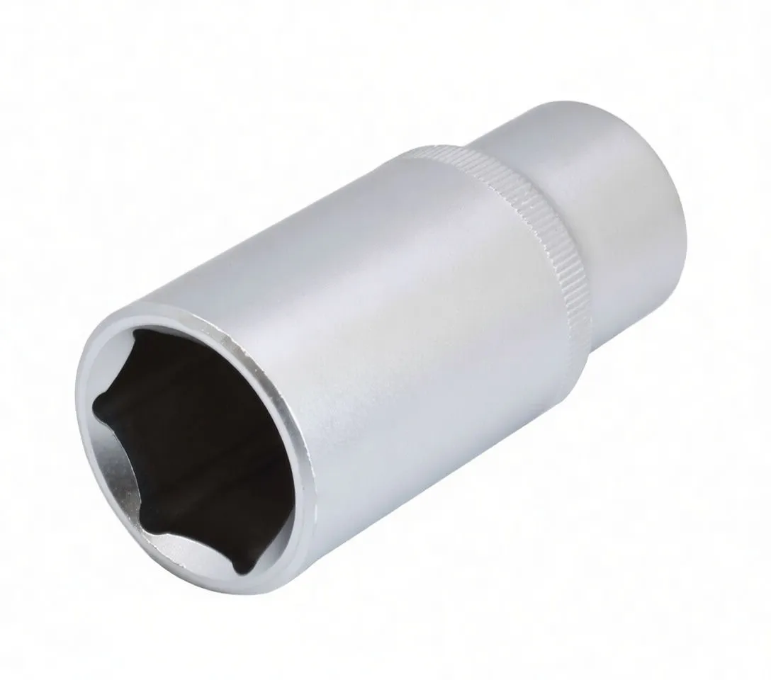 Angled side view of a long chrome 6-point socket with '25mm' marking and knurled band