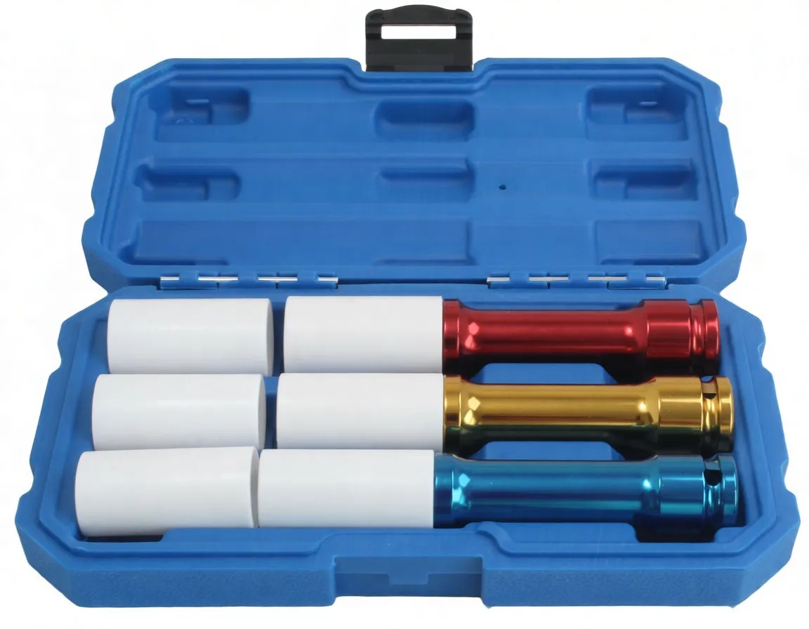 Open blue molded case with three long red, gold and blue impact sockets, each fitted with a white protective sleeve.