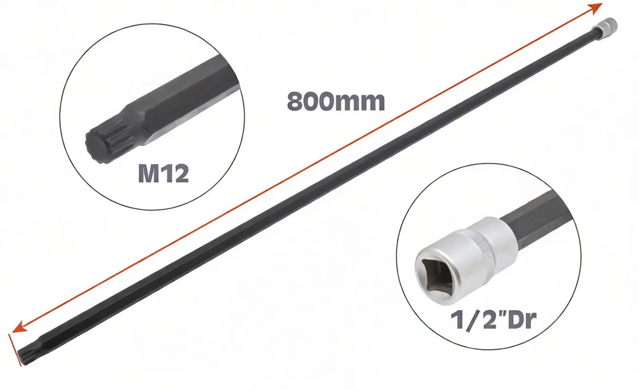 Diagram image of 800mm M12 spline bit extension with insets labeling M12 tip and 1/2" drive socket