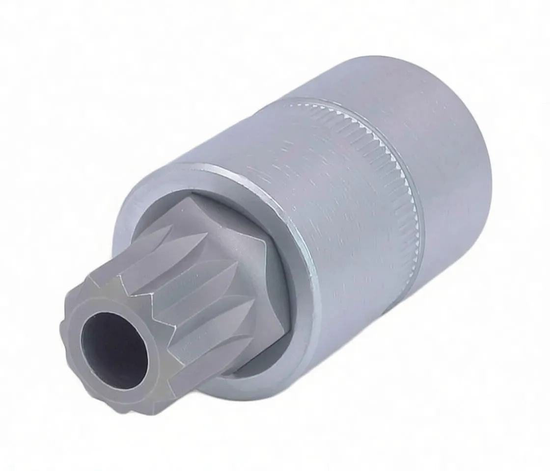 angled view of chrome socket on its side showing hollow XZN spline bit and knurled band with side embossing