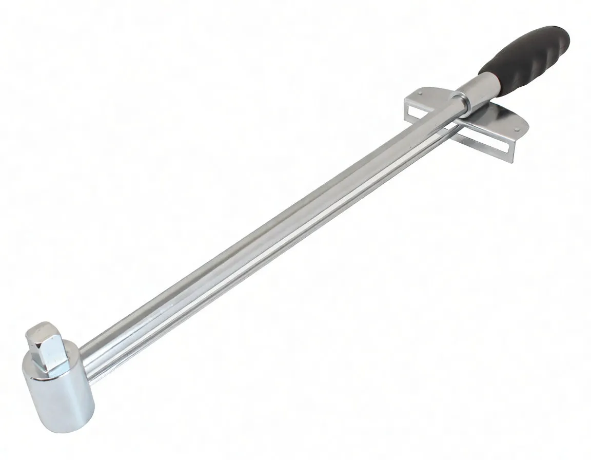 Straight chrome torque wrench with metal stop bracket, socket head and black handle