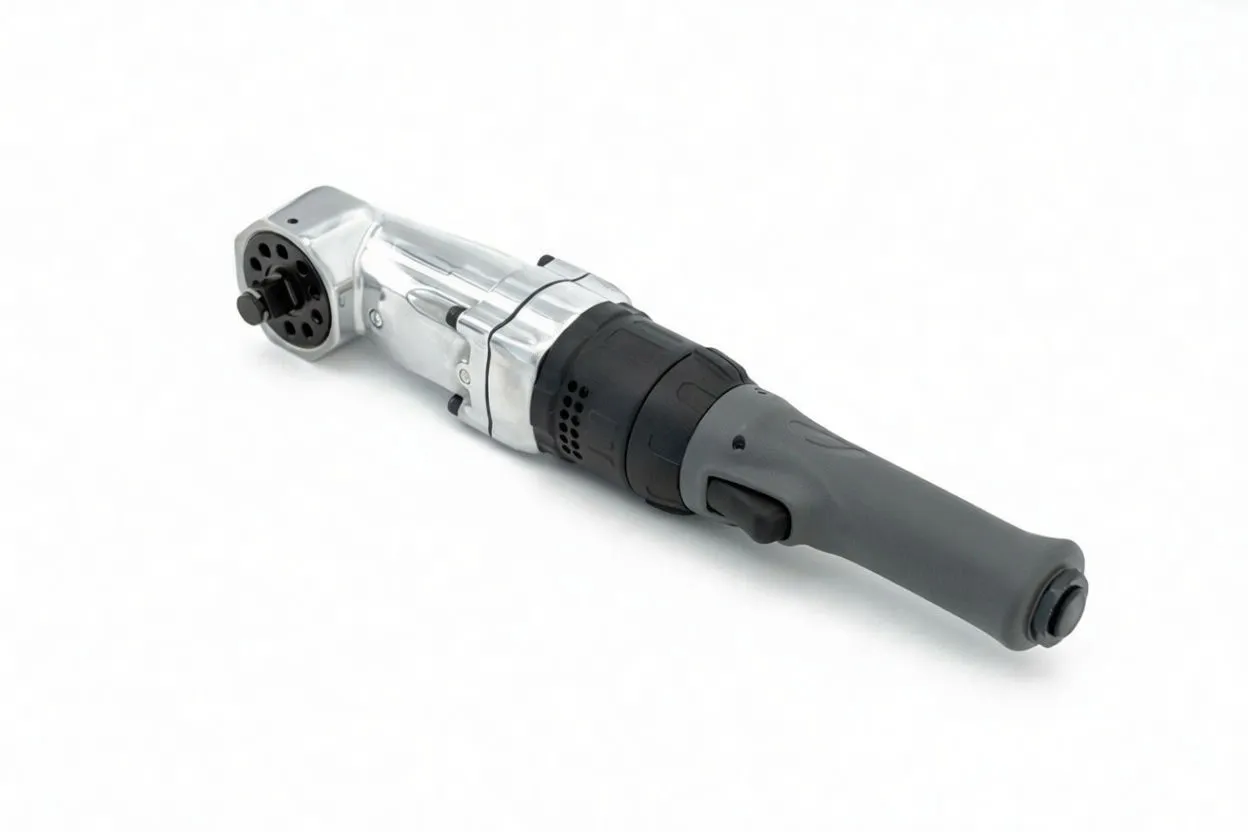 Perspective view of chrome 90-degree air impact wrench showing circular anvil plate, trigger, vented collar and ASTA-marked gray handle