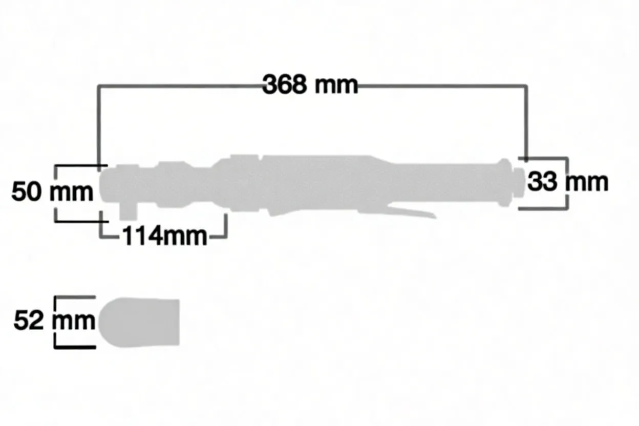 Outline diagram of the ratchet wrench with measurement callouts: 368 mm overall, 114 mm head section, 50 mm head width, 33 mm tail diameter and 52 mm square/section.