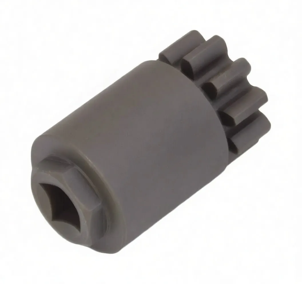 Metal cylindrical drive adapter with square female drive socket and splined gear on the other end