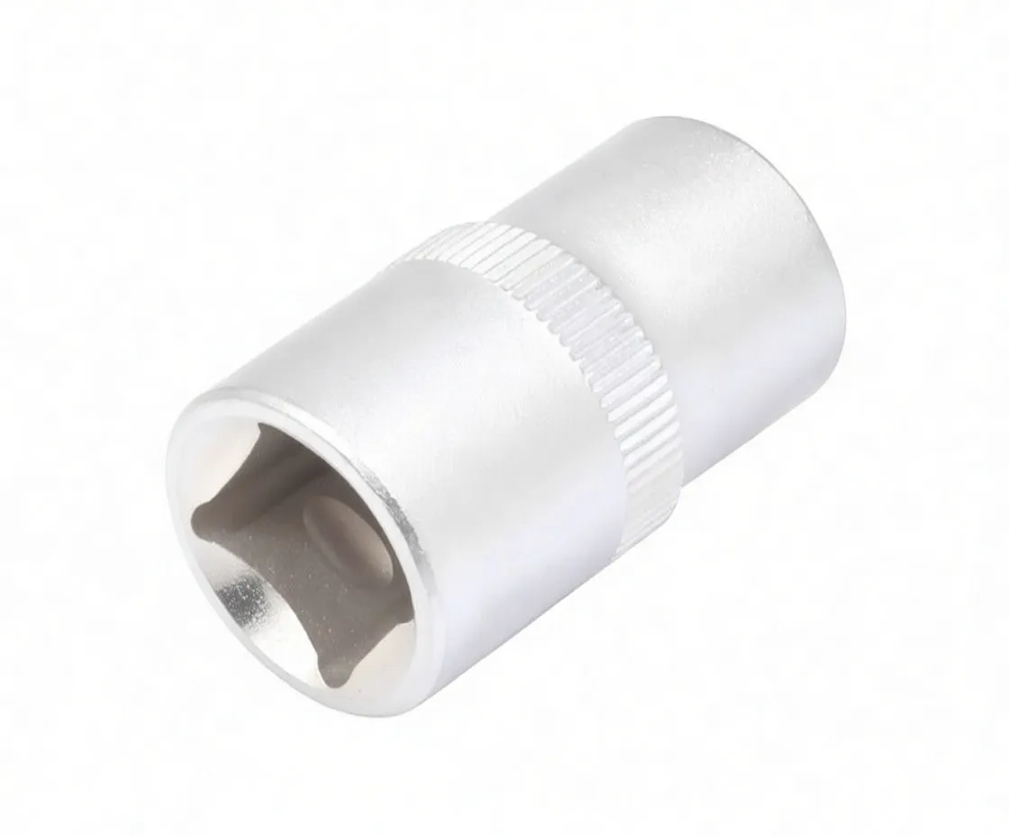 Perspective image of a short chrome socket showing the square 1/2" drive recess, knurled middle band and brand engraving on the side.