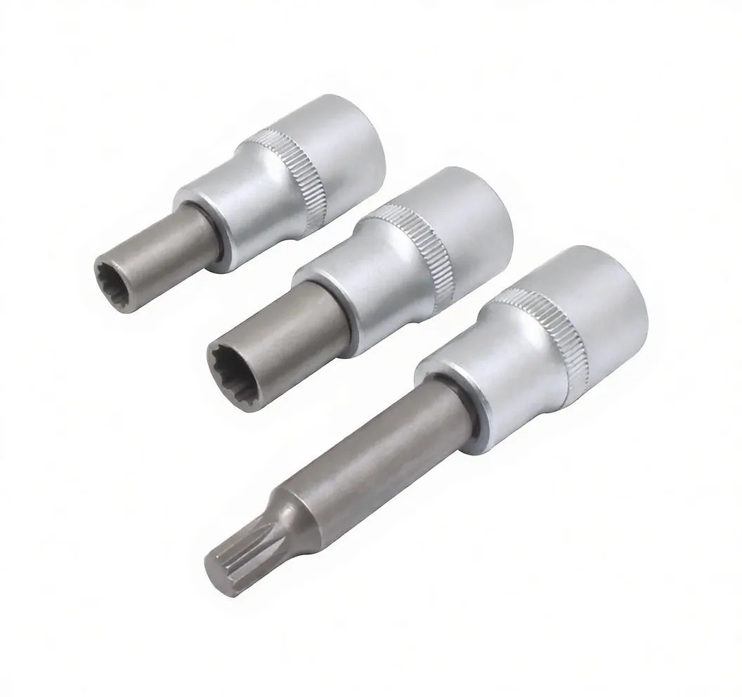 Three angled spline sockets showing tips and shafts, silver bodies with knurled rings